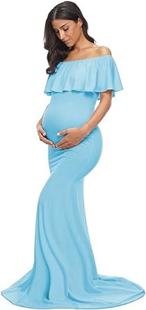 Glampunch Womens Off Shoulder Maternity Dress Ruffles Elegant Slim Gowns Fit Maxi Photography Dress