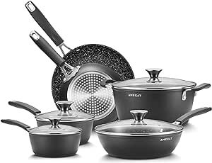 Induction Cookware Set, Pots and Pans Set 10-Piece, AMEGAT Nonstick Pan Set with Lids, Stay-Cool Silicone Handles, Frying Pans, Saucepans & Pot, for All Stoves