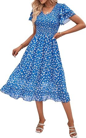 BTFBM Women Casual Summer Short Ruffles Tiered Sleeve Smocked Midi Dresses Bohemian Floral V Neck Wedding Guest Long Dresses